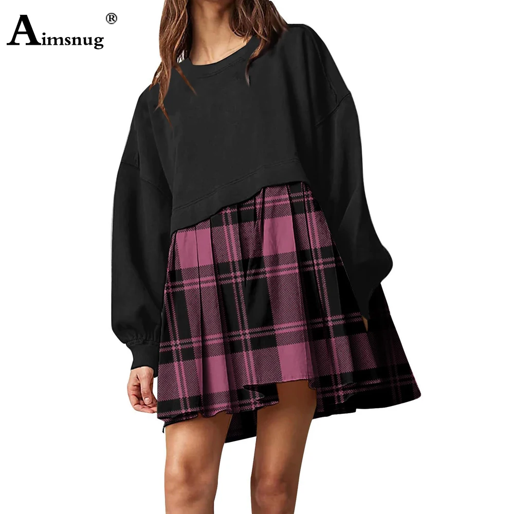 Aimsnug 2023 New Patchwork Dress Women Elegant Mini Dress Long Sleeve Model Plaid Dresses Ladies Vintage Loose Sweat Dress