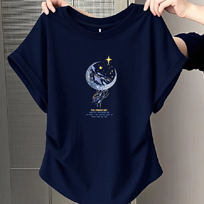 Retro Hong Kong Style Short Sleeve Cotton T-Shirt Women's Regular Fit Design Early Summer Slimming Blue Color round Neck Top
