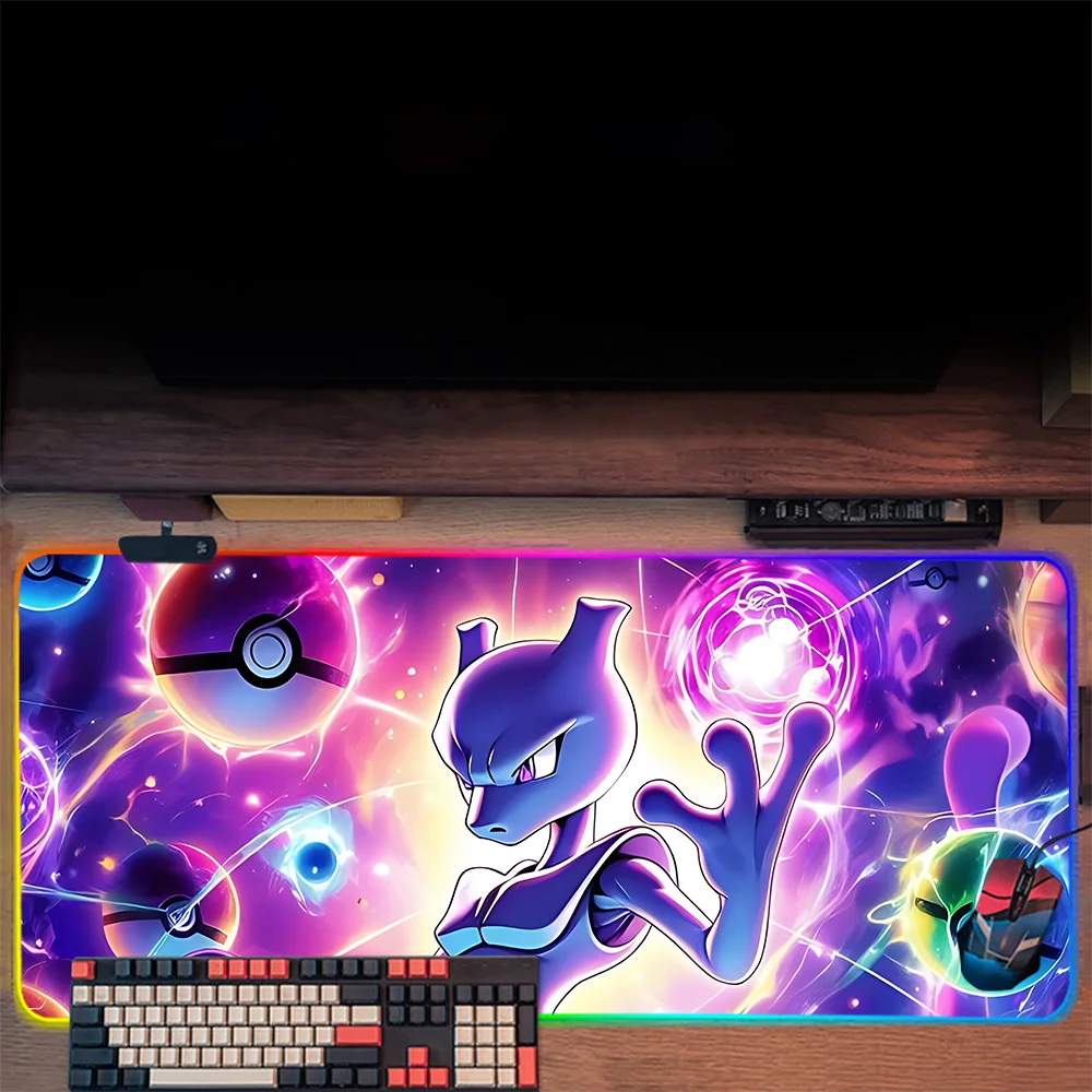 لوحة ماوس ولوحة مفاتيح ألعاب PC لطيفة من Mewtwos RGB ، حصير ماوس متوهجة بإضاءة LED ، لوحة ماوس من المطاط للألعاب
