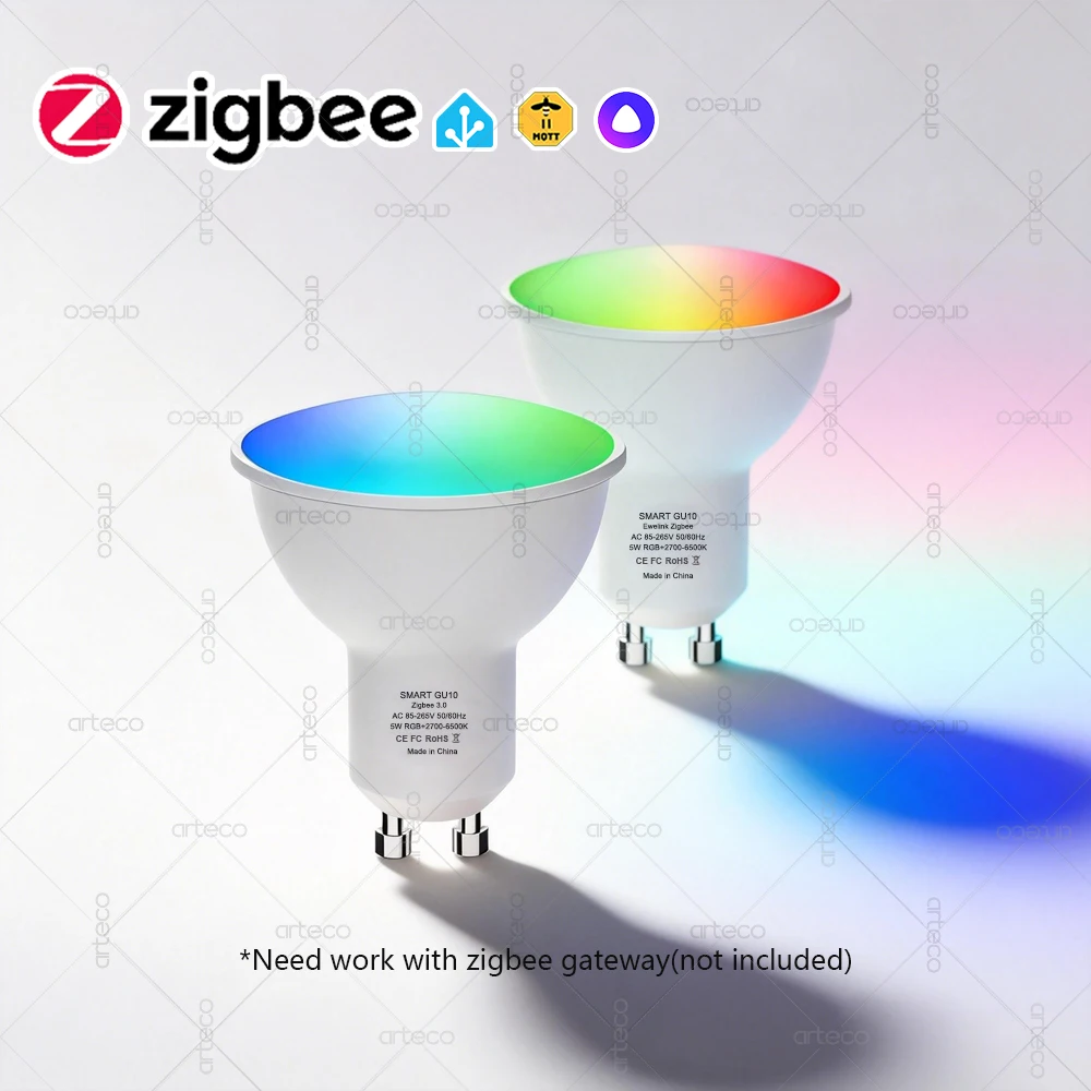 

Светодиодная лампа Zigbee GU10, умная светодиодная лампа 5 Вт RGBCW, диммируемый прожектор, работает с Alexa Echo, Яндекс Алисой, SmartThings, Z2MQTT
