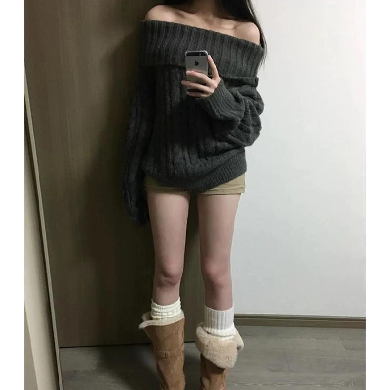 

Deeptown Korean Style Grey Sweater Women Off Shoulder Vintage Sexy Elegant Jumper Solid Causal Harajuku Long Sleeve Pullovers
