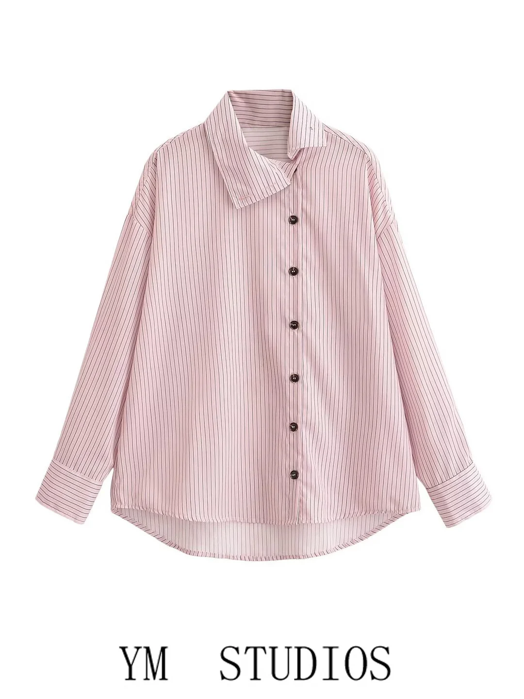 Women's Casual High Collar Asymmetrical Long Sleeve Striped Loose Shirt Comfortable Breathable Polyester Fiber Spring Season