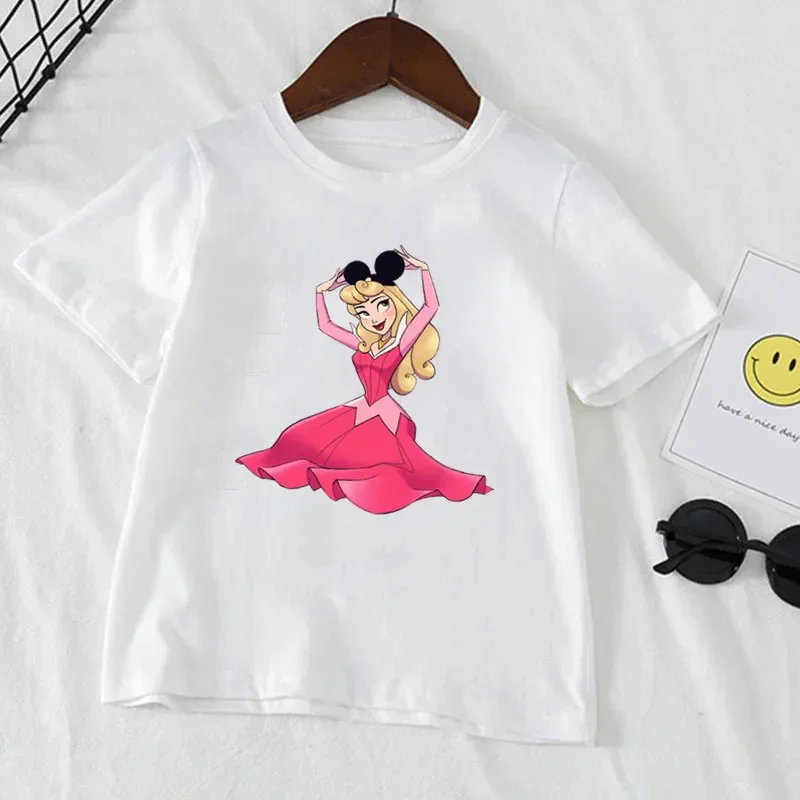 Kawaii Disney Belle Princess Children Clothes Girl T-shirts Summer Short Sleeve 1-12 Years Old Cartoon Kids T-shirt