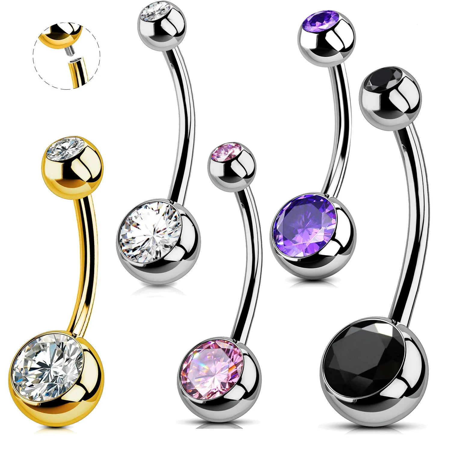 Titanium Belly Button Rings, Internally Threaded Long Belly Ring, Round CZ Navel Rings for Women Men