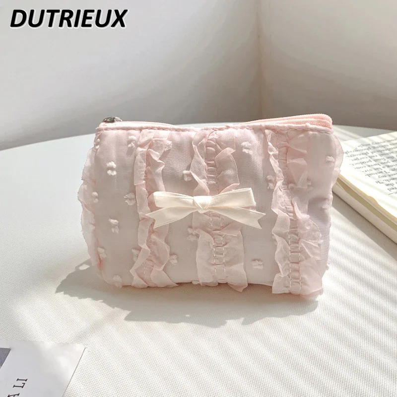 

Sweet Cute Fashion Cosmetic Bag for Lady Fashion 2024 New Lace Girl Bow Clutch Solid Color Change Storage Bags for Women