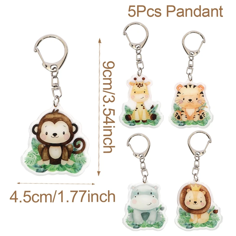 5pcs Cute Jungle Animal Style Keychains, Different Animal Pattern Acrylic Pendant, Party Decor, Party Gift Keyring