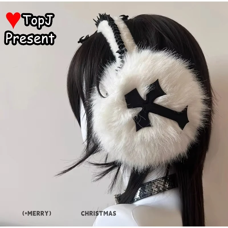 Harajuku-style Earmuffs Skeleton Cross Decorative Earmuffs Girl Cosplay Harajuku Gothic Personalized Earmuffs Plush Warm Earmuff