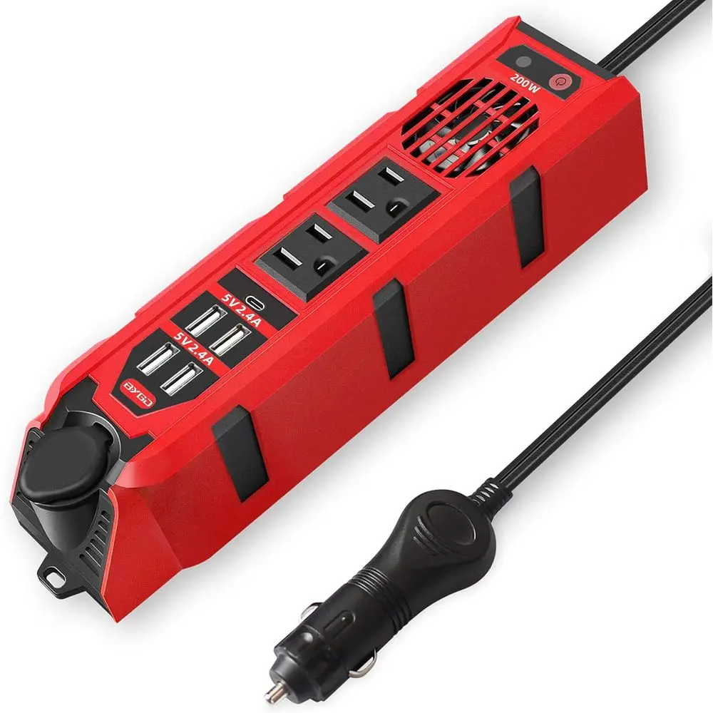 

200W Car Power Inverter DC 12V to 110V AC Converter with Dual AC Outlets, 4 USB Ports and 1 Type C Port