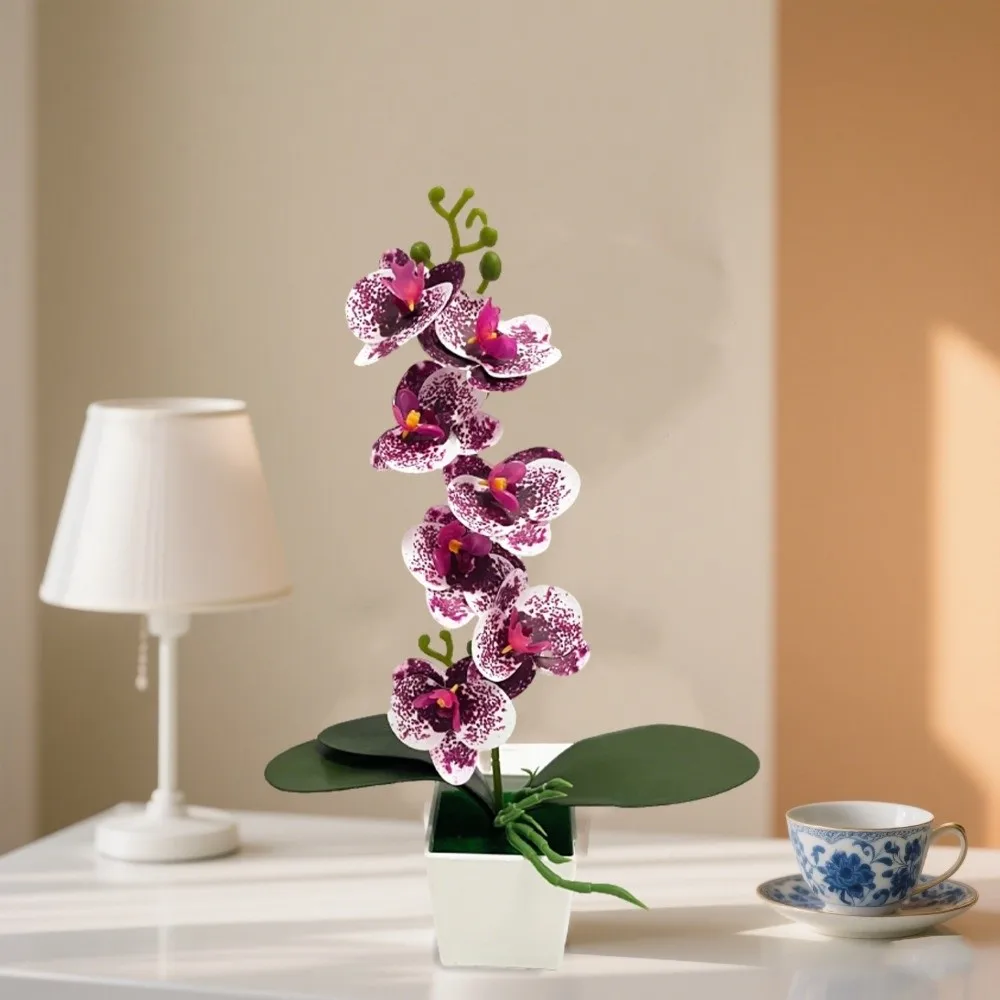 7 Flores Artificiales de Orquídea en Maceta, Flores Rosadas de Múltiples Flores, Plantas Artificiales Falsas, Maceta Blanca de Plástico, Bonsái de Flores Artificiales