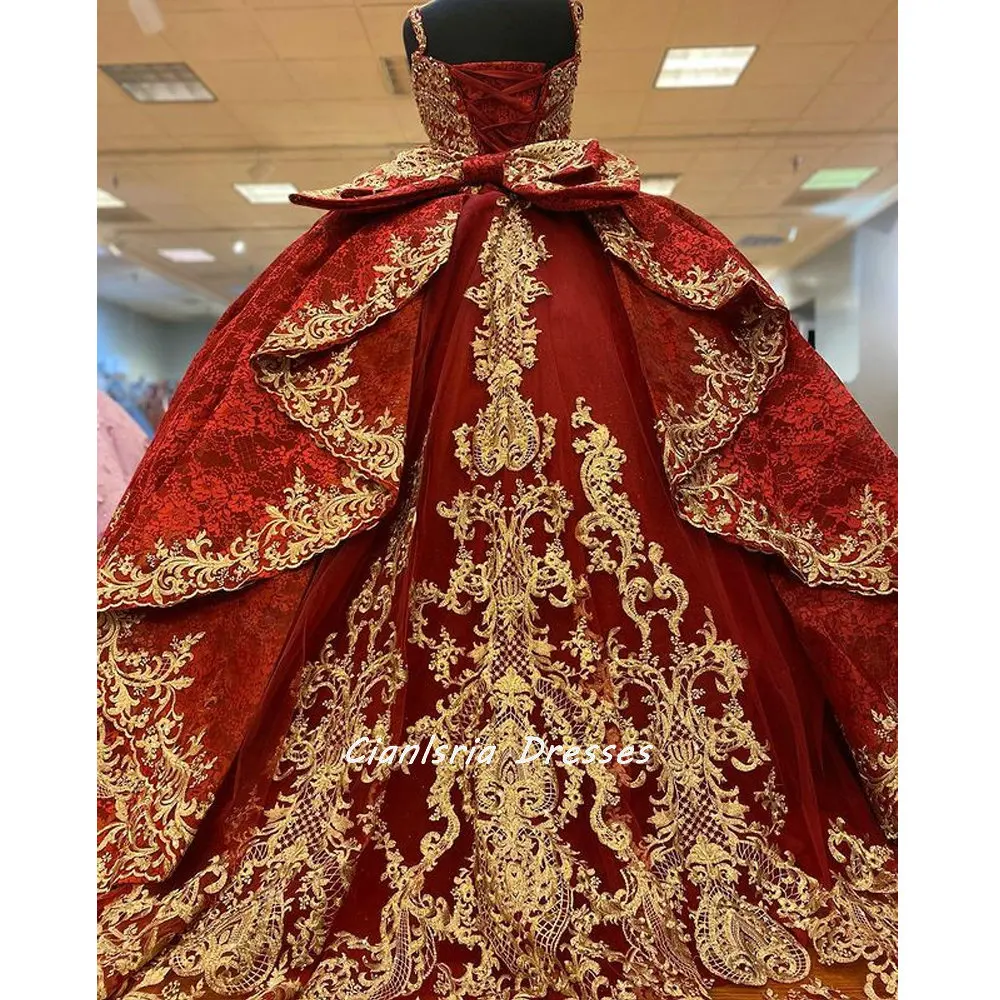 Cintas de espaguete vermelho laço bola vestido quinceanera vestidos com apliques ouro arco babados volta espartilho para doce 15 meninas festa