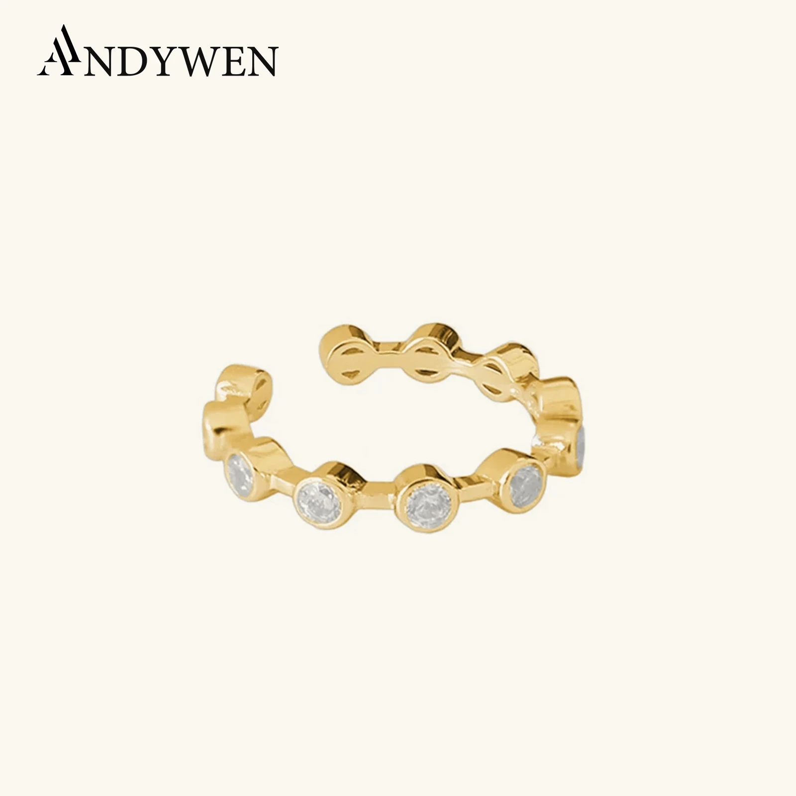 

ANDYWEN 2020 925 Sterling Silver Gold Crystal Resizable Rings Adjustable Round Zircon CZ 2020 European Rock Punk Simple Jewelry