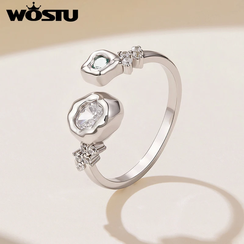 WOSTU Artistic Irregular Platinum Plated Open Ring, Double Gem Star CZ Adjustable Rings Boho Women's Hypoallergenic Jewelry Gift