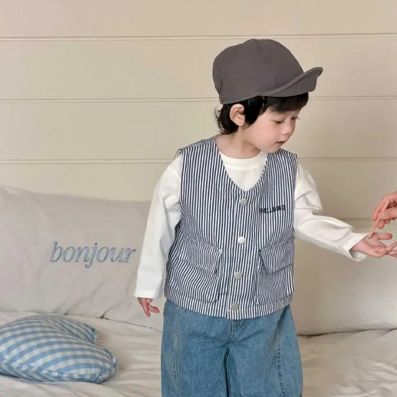 

Весенняя новинка 2026: Модный полосатый жилет-кардиган без рукавов для малышей, повседневная хлопковая одежда для мальчиков и девочек