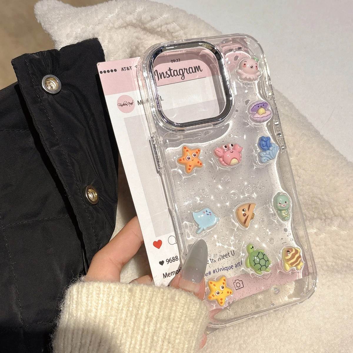 ثلاثية الأبعاد شفافة بلينغ بريق البحر البحرية الحيوان جراب هاتف آيفون 17 16 14 13 12 11 15 برو ماكس قطرة الغراء غطاء مقاوم للصدمات