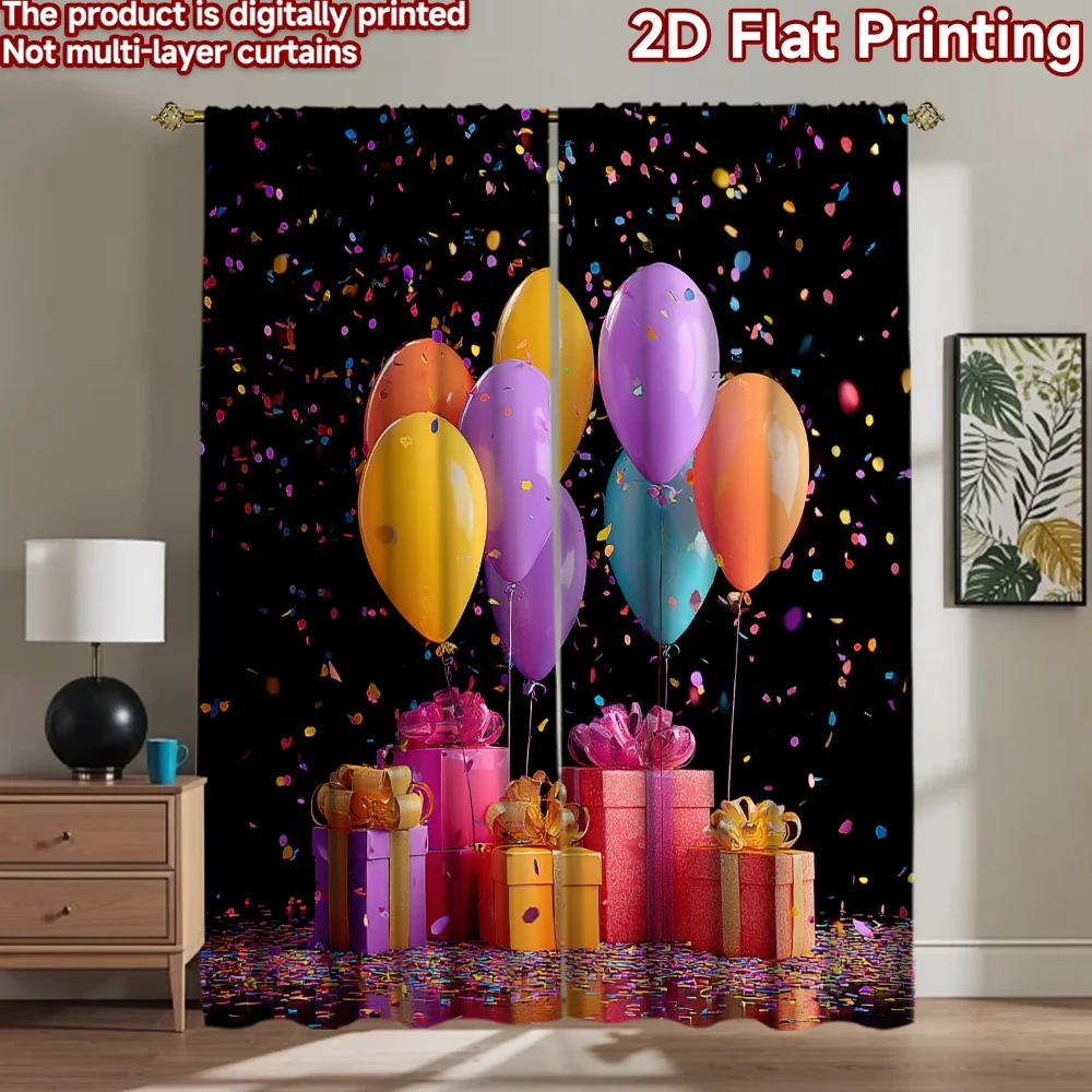2D flat printing 2pcs Curtains Birthday Balloons Confetti Gifts Digital Printed Polyester Drapes Festive Holiday Perfect for