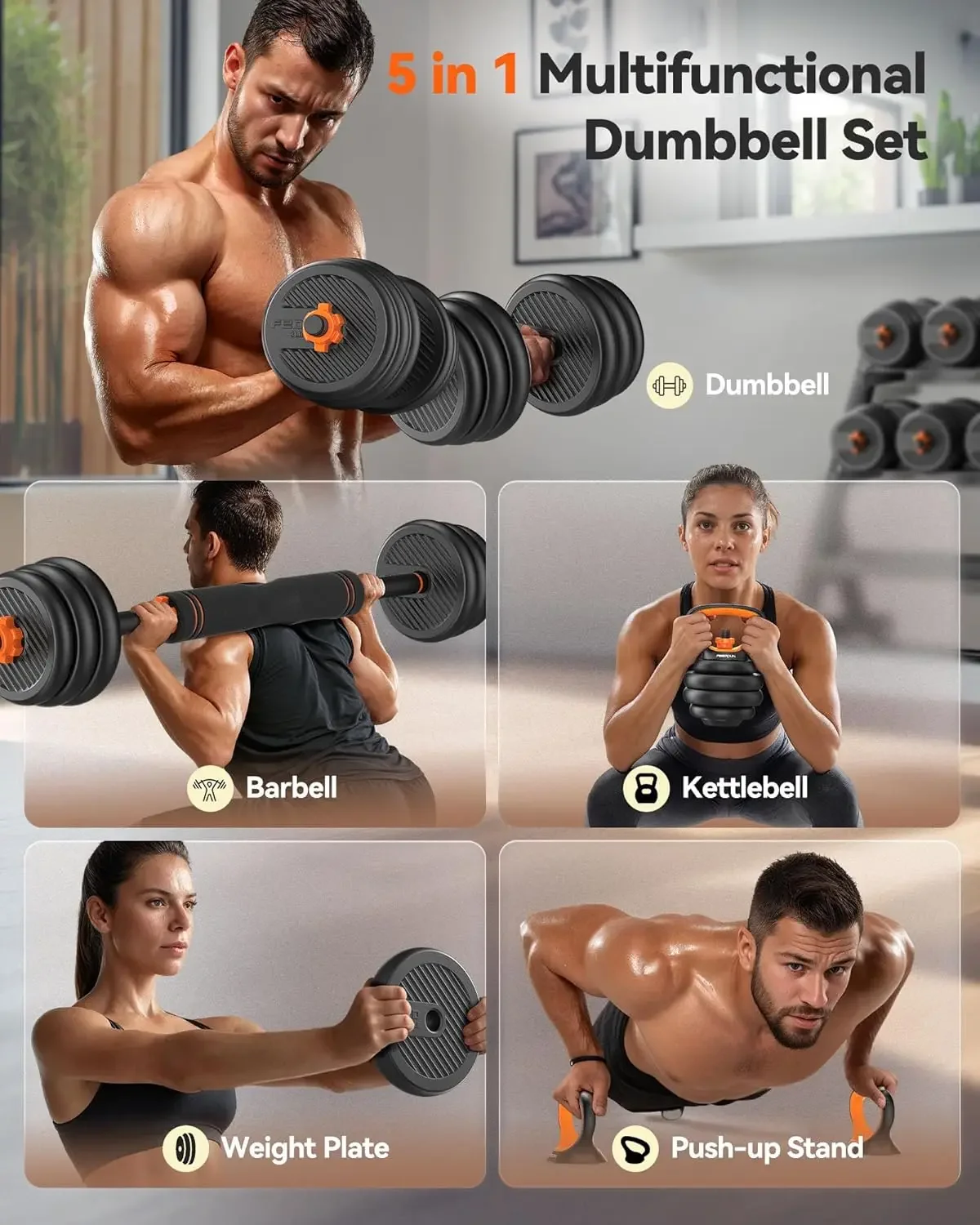 Adjustable Dumbbells, 20/30/40/50/60/70/90lbs Free Weight Set with Connector, 4 in1 Dumbbells Set Used as Barbell, Kett