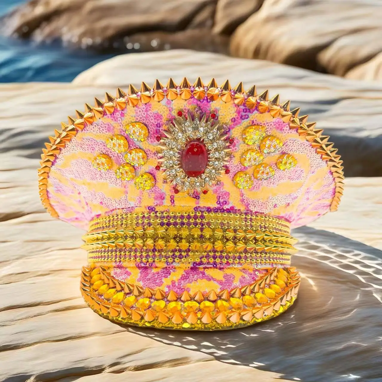 HongLuan Gouden Glitter Kapitein Hoeden Strass voor Muziekfestival Vrouw, Carnavalskostuum Hoed & Cosplay Vrouwelijke Accessoires