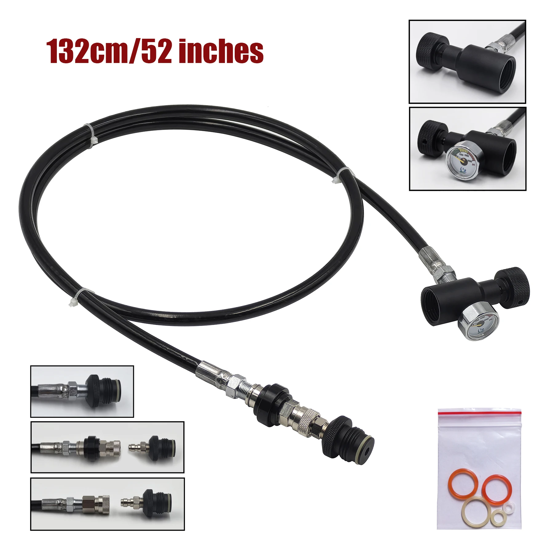 

HPA 52inches(1.3M) Thick Coil Remote Hose Stright Line 3000psi Gauge 8mm Male and Female Quick Disconnect Slide Check