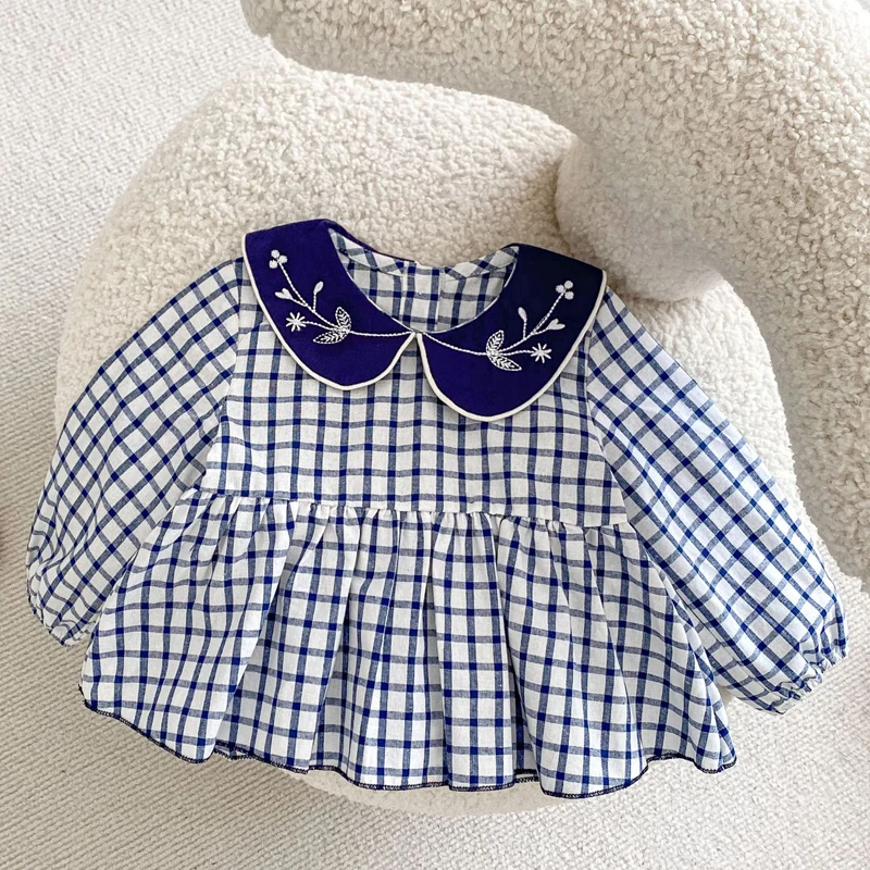 Autumn new baby clothing, 0-3 year old female baby, doll collar embroidered checkered top+skirt skirt wrapped pants 2-piece set