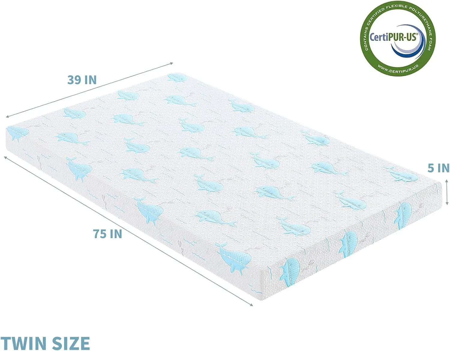 Removable Washable Cover with Whales Pattern Cooling Memory Foam Medium Feel, Bed-in-a-Box, CertiPUR-US Certified, Twin, White/B