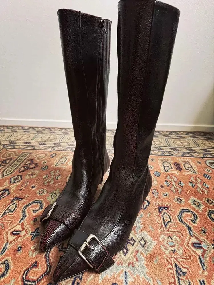 Vintage Pointy Toe Low Heels Real Leather Knee High Boots Women\'s Kitten Heel Brown Zipper Buckled Long Boot Luxury Shoes
