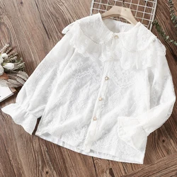 Lace Shirts for Girls White School Blouses Kids Costume Autumn Teenagers Children Clothing Cotton Flower Tops 6 8 10 12 14 Years