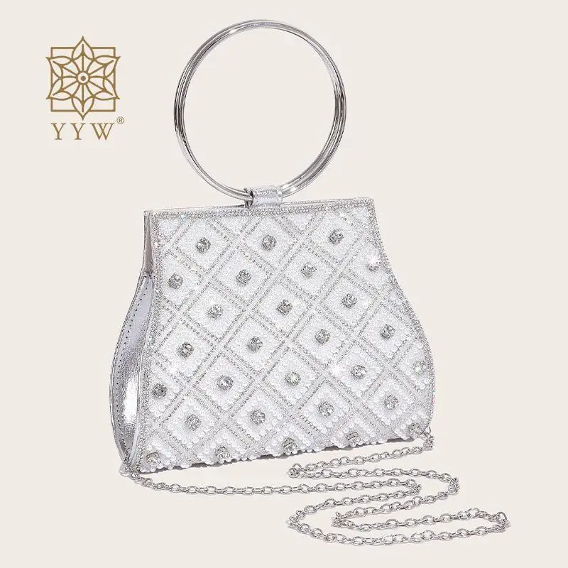 Rhinestone Clutch Tote Bag Circle Ring Top Handle Woven Pattern PU Leather Wedding Party Evening Handbag Crossbody Shoulder Bag