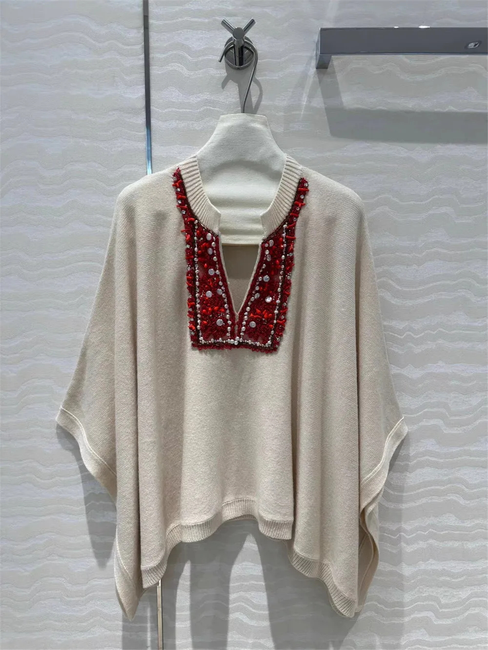 Women's Luxury Beaded Front V-neck Loose Cape Top Female Cashmere Wool Blended Knitted Pullover Sweater