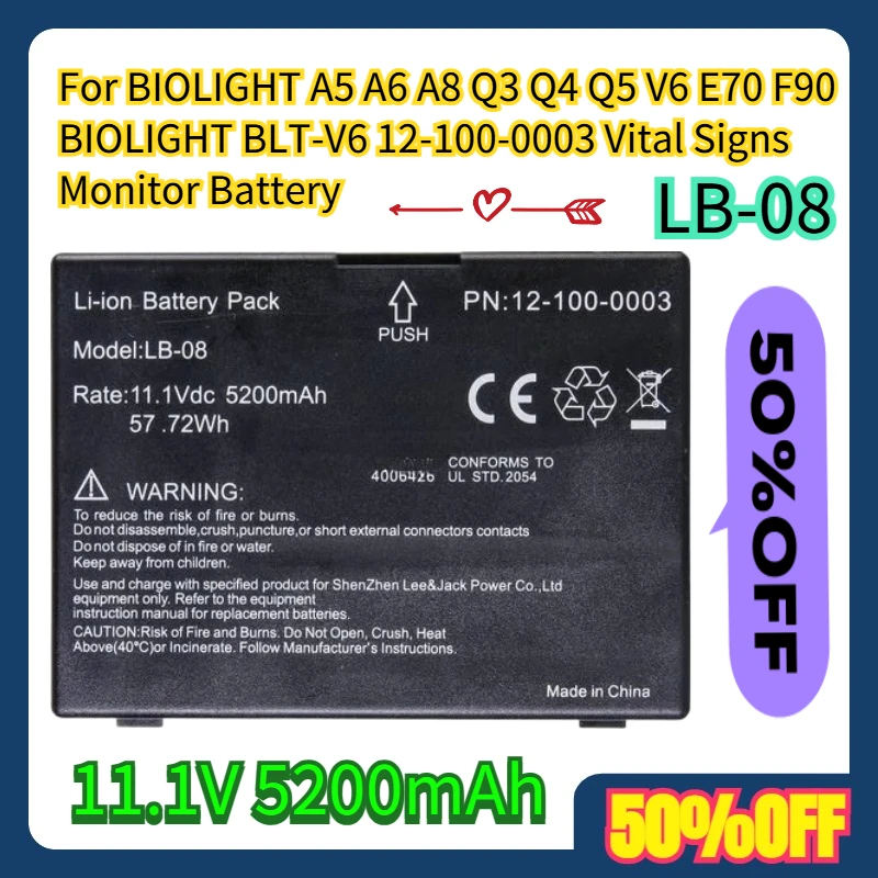 

For BIOLIGHT A5 A6 A8 Q3 Q4 Q5 V6 E70 F90 BIOLIGHT BLT-V6 LB-08 12-100-0003 Vital Signs Monitor Battery