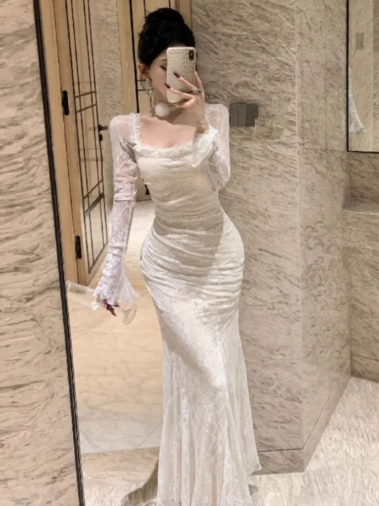 Topanoma Wedding Party Evening Dresses Women Lace Patchwork Square Collar Flare Long Sleeve Slim Cocktail Dress Birthday Sexy