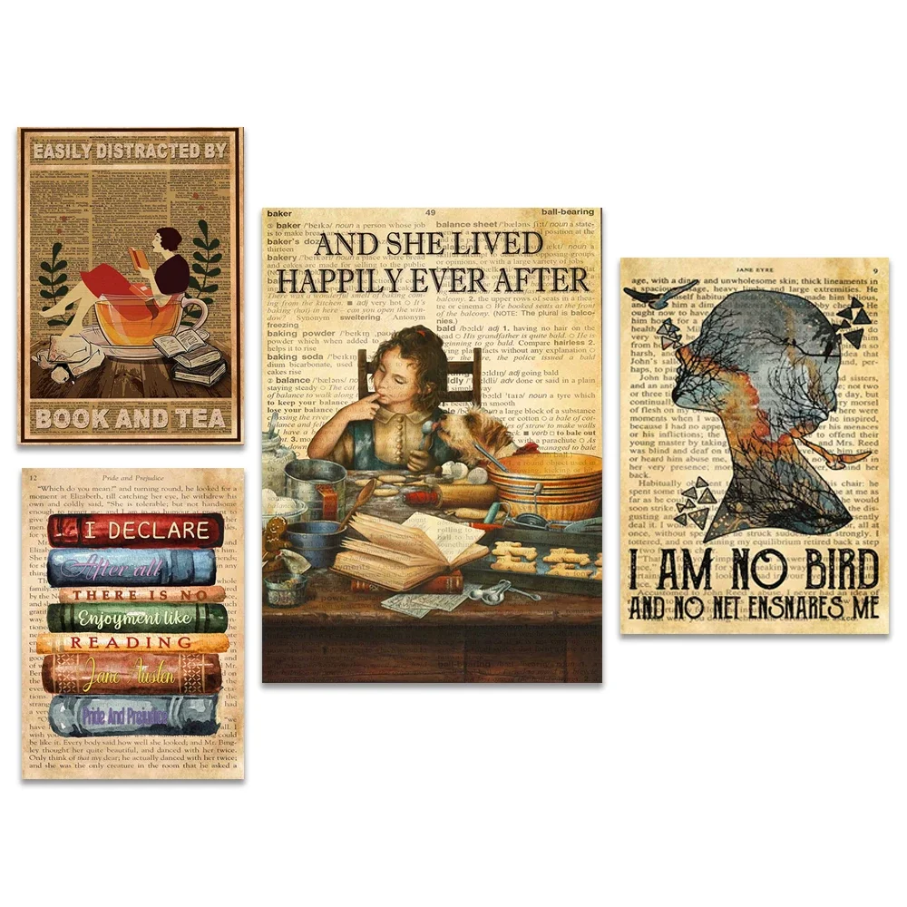 Love Reading Vintage Poster, Love Jane Austen Novel Poster, Love Books and Tea Poster, Bookworm Book Lover Gift Retro Poster