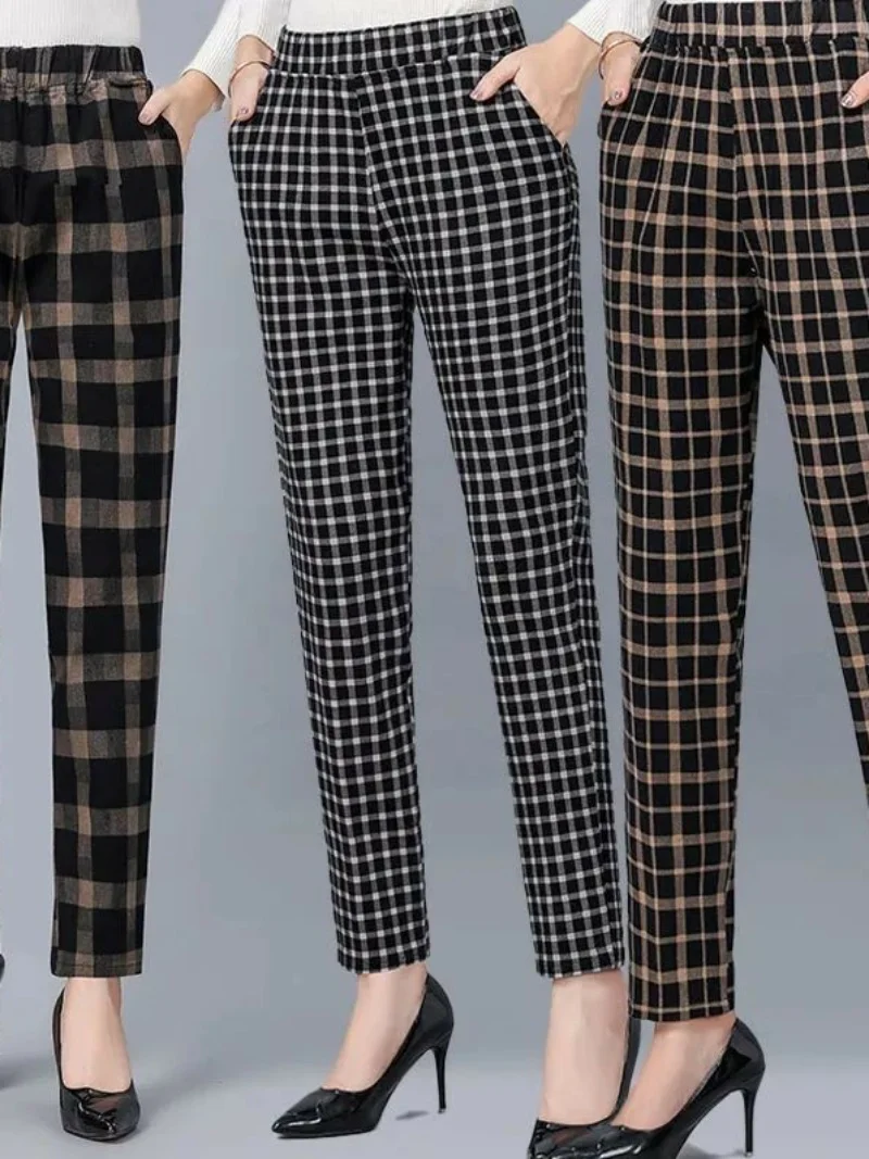 

Весенне-осенние женские брюки из хлопка и льна в клетку, свободные, прямые, с высокой талией, повседневные, для мам, с эффектом похудения