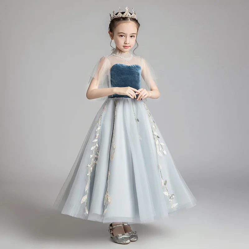 Little Girl Piano Perforance Dress Child Formal Party Princess Long Prom Dresses School Graduation Teen Girl Velvet Evening Gown