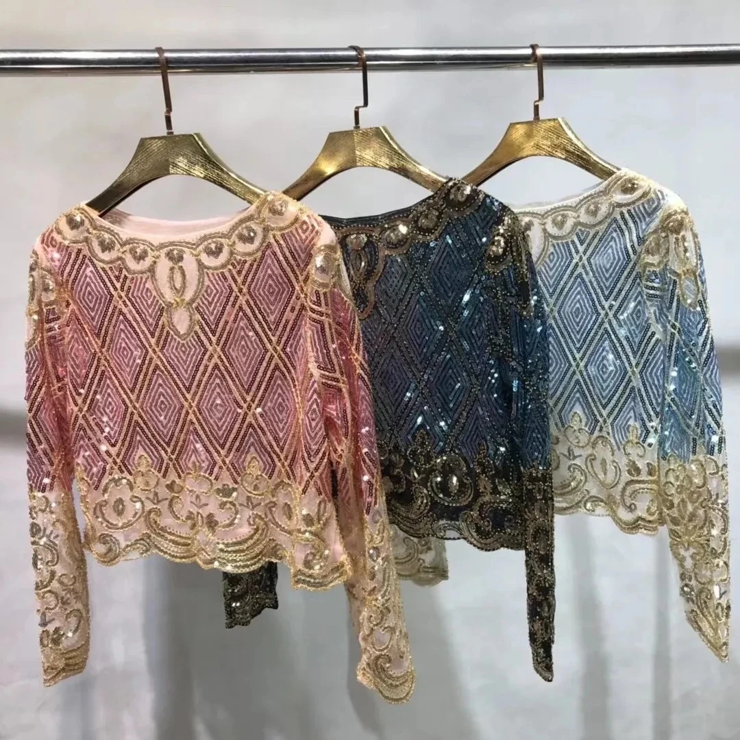 Luxury Party Clothes Women Handwork Short Blouse New Long Sleeve Golden Sequined Shiny Blouses Beading Woman Clothing NS538