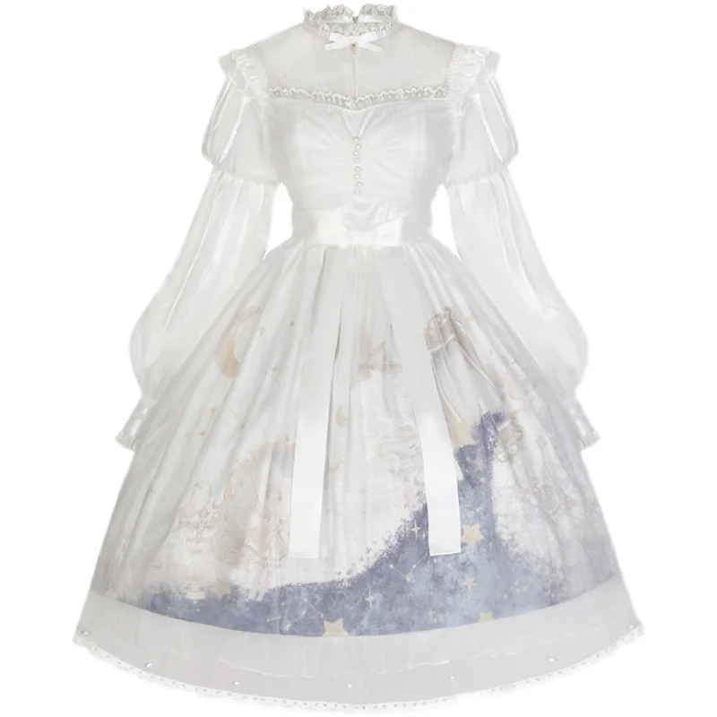 Pick Stars weiß und blau Lolita Op Kleid süße Langarm Loli Kleid weibliche weiche Mädchen Magic Star River Druck Frauen Kleid