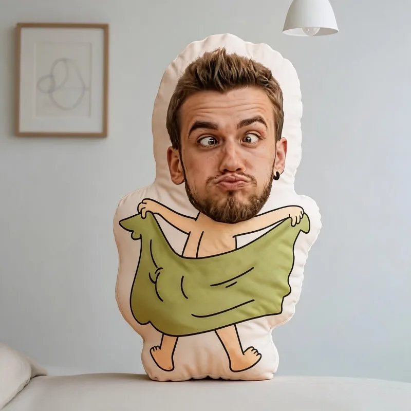 Custom Face Funny Shaped Pillow, Personalized Photo Man Holding Towel Decorative Cushion, Unique Home Decor Accent for Sofa & Be