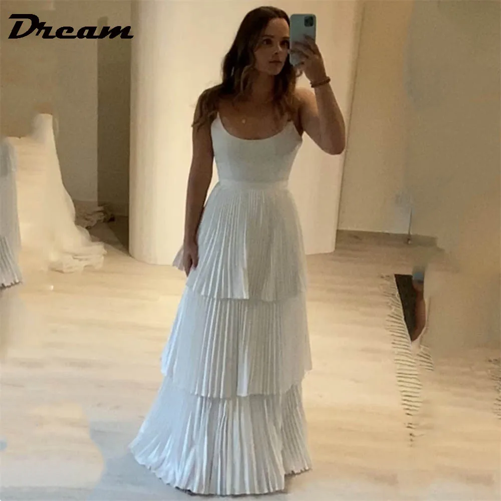 

DREAM Spaghetti Straps Satin Ruched Simple Wedding Gown Scoop Tiered Floor Length Sleeveless Elegant Bridal Dress