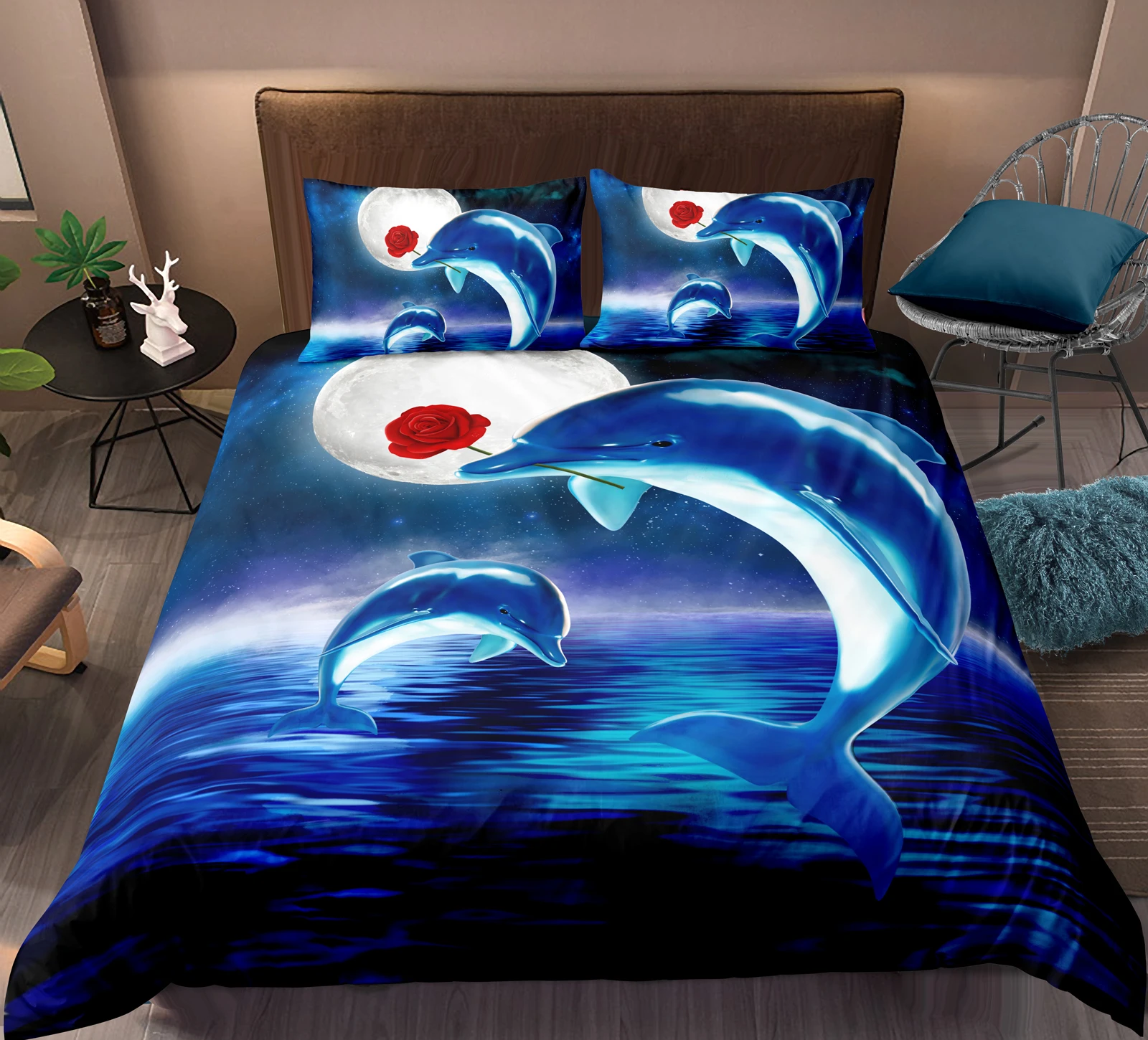 Bedding Set Dolphin Comforter Cover Kids Adult Bed Set Starry Sky Blue Room Decor 3Pcs with 2 Pillow Case Queen Size