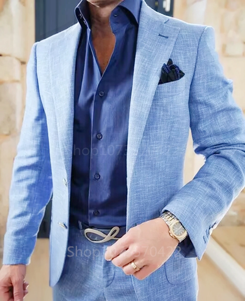 Blue Linen Notch Lapel Slim Fit Summer Men Suits Groom Tuxedos 2 Piece Blazer Pants Sets Wedding Prom Party Costume Homme