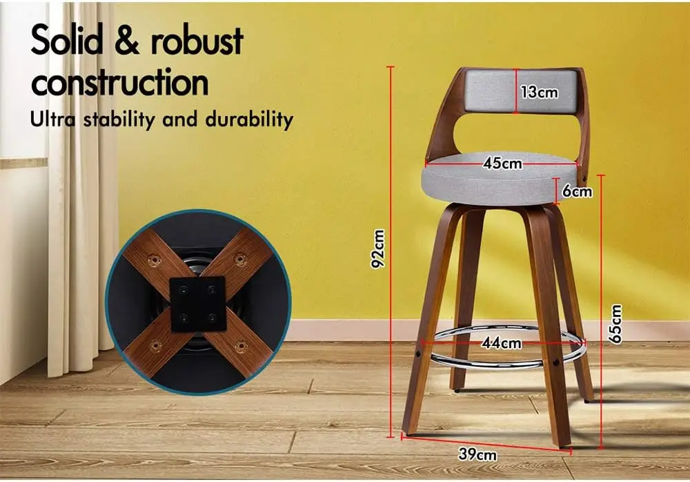 with Footrest and Adjustable Leg Levelers Home Bar Stools 2X Swivel Wooden Kitchen Stool 65cm Seat Height Leather Counter Stool - view 3
