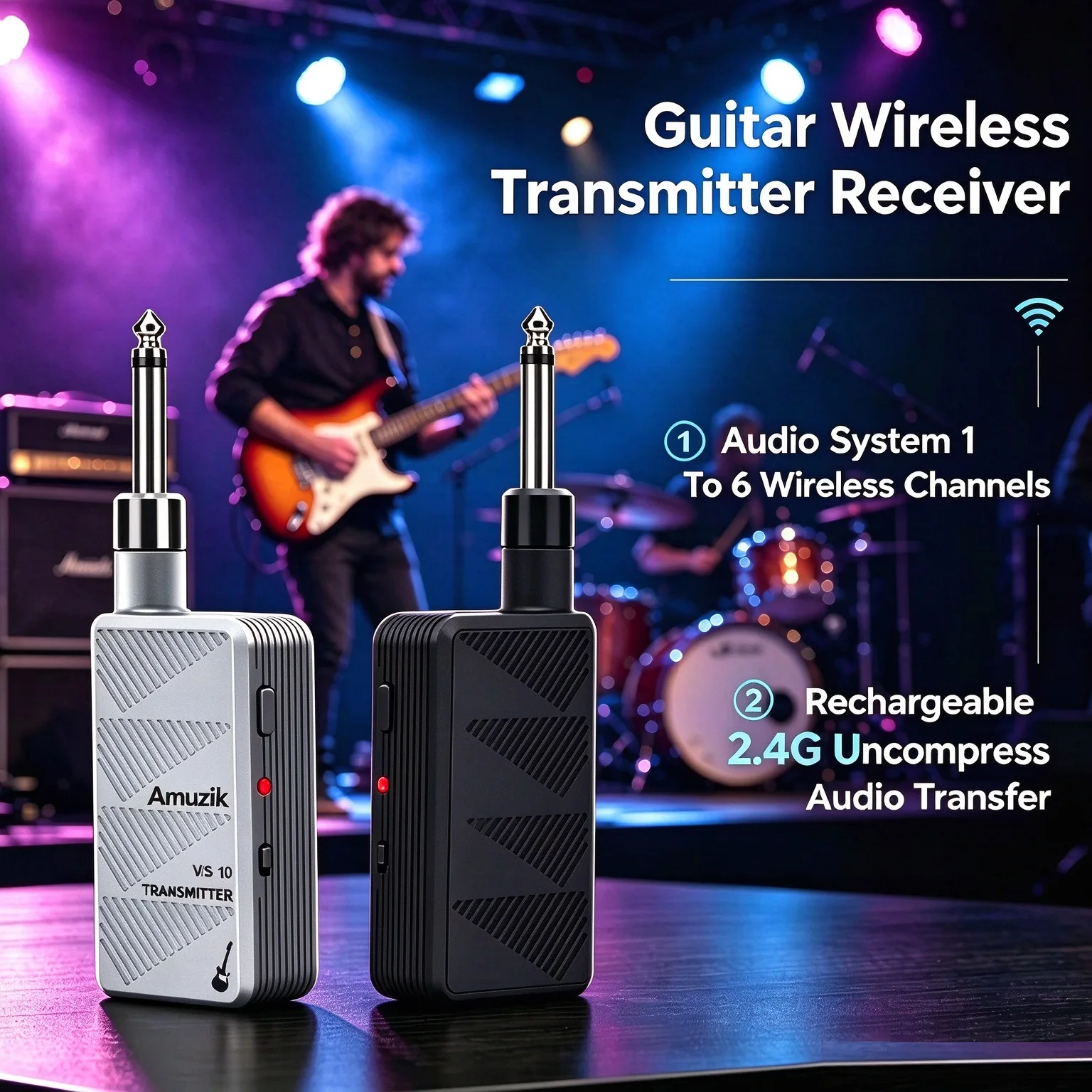 Amuzik 2.4GHz Wireless Guitar Audio System 1 to 6 Channels Wireless Transmitter Receiver for Guitar Bass Electric Instruments