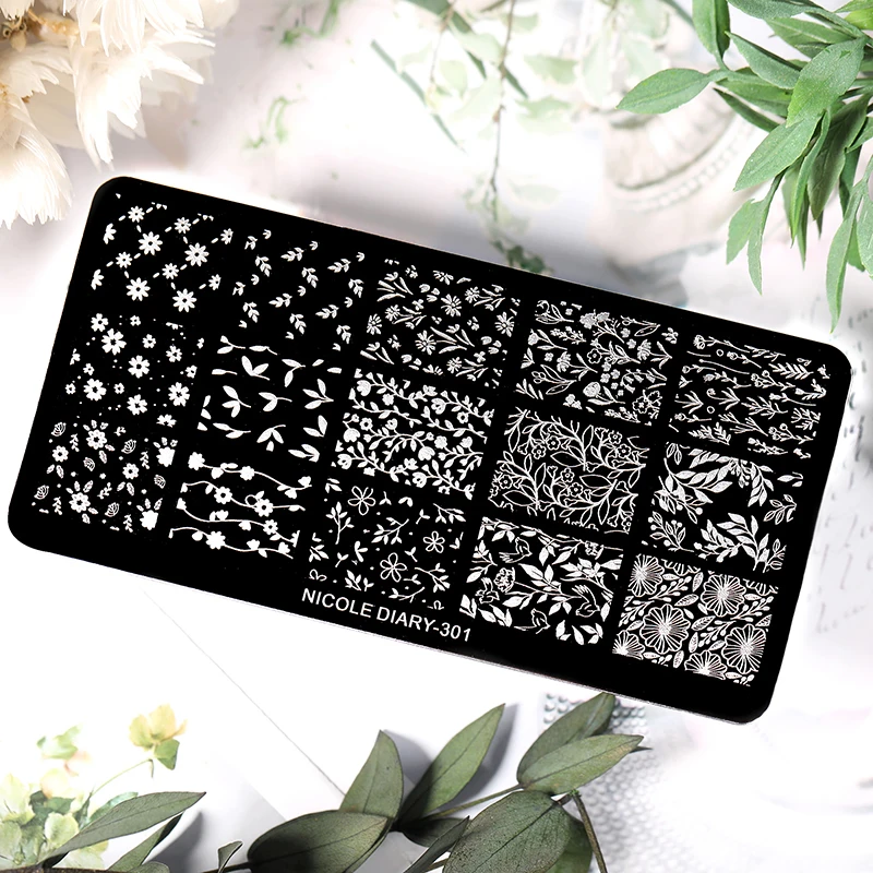 NICOLE DAGBOEK Bloemenbladeren Nagelstempelplaten Afbeeldingsoverdrachtsjabloon Geometrische bloem Roestvrij stalen stencil Nail Art Tools