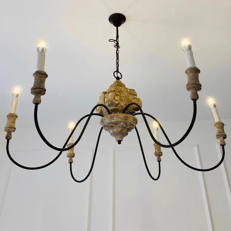 

American Rural French Solid Wood Chandelier Carving Retro Vintage Living Room Dining Room Bedroom Villa E14 Candle Lights Lustre