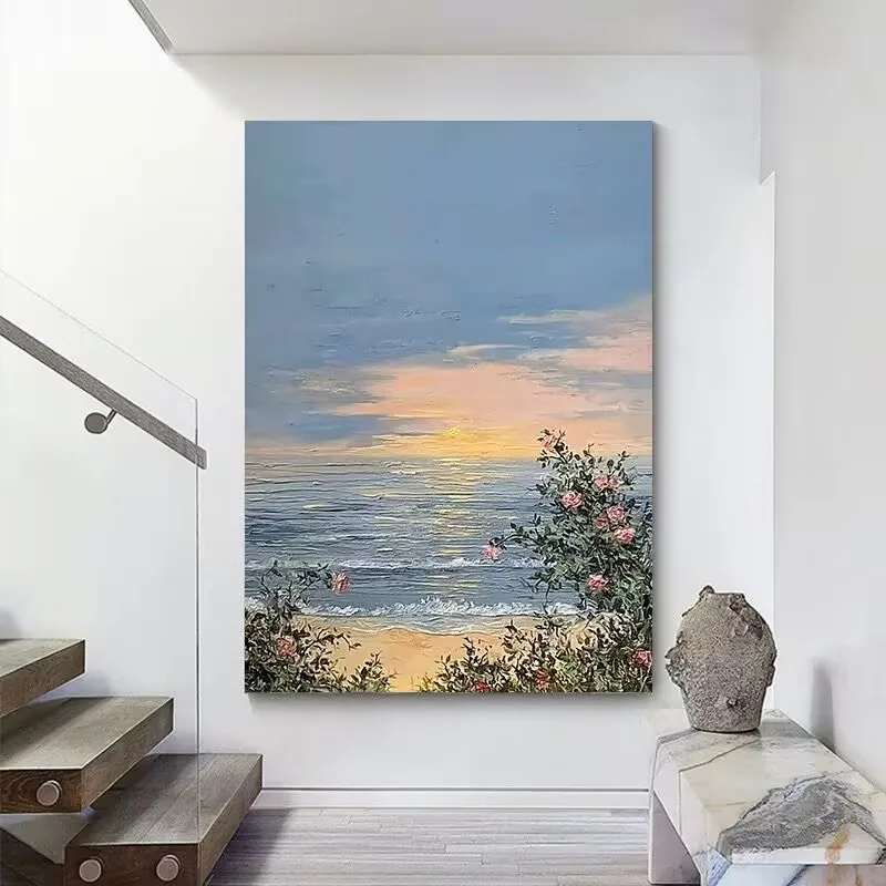 Pure Handmade Oil Painting, 3D Texture Hanging Painting, Modern Simplicity, Beach Rose Floral Decoration, Living Room Sofa Paint