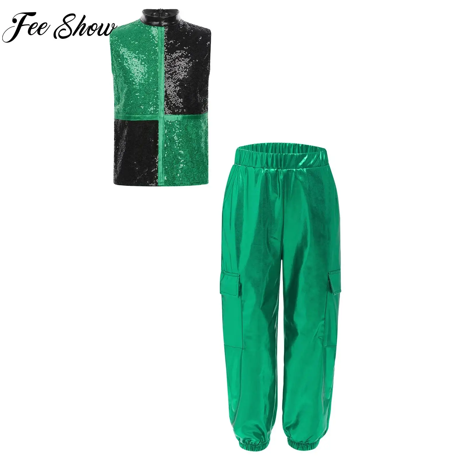 Shiny Kids Boys Metallic Street Modern Dance Outfit Jazz Hip Hop Dancing Costume Sleeveless Sequins Zipper Vest And Cargo Pants
