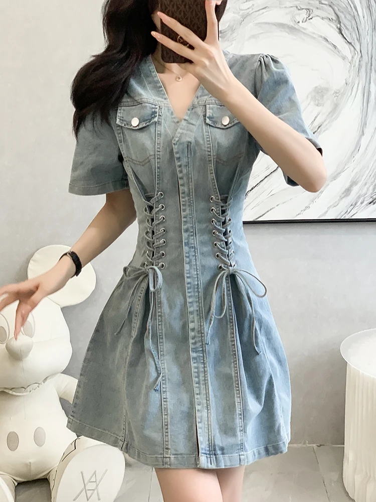 Vintage Summer Lace-Up New Short Sleeve Denim Dress Zipper-Fly Short Dresses Denim High Waist Casual A-Line Jeans Dress Street