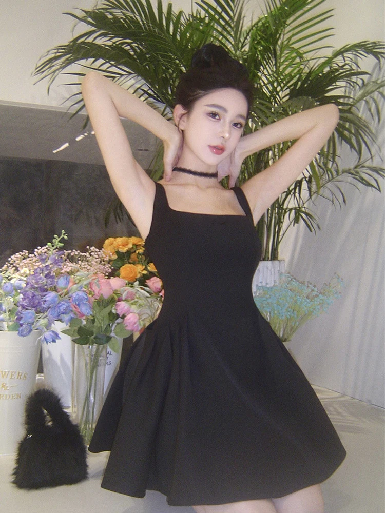 Frauen Kleidung Y2K Schwarz Sexy Strap Square Neck Schlank A-Line Mini Kurzes Kleid Elegante Dame Mode Abend Party Prom Vestidos Neue