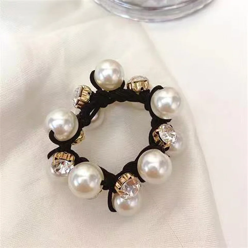 3pcs Paux Pearl Brimmed Hair Tie Glitter Rhinestone Decor Hair Rope Retro Style Scrunchies For Women