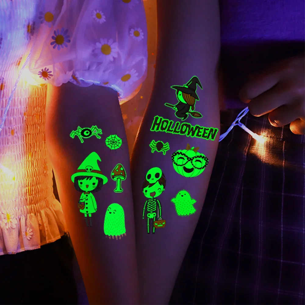 24 Blatt Leuchtende Halloween-Tattoos, Glow-in-the-Dark-Motive mit Kürbissen, Geistern und Spinnen, Halloween-Party-Zubehör – Detail 1