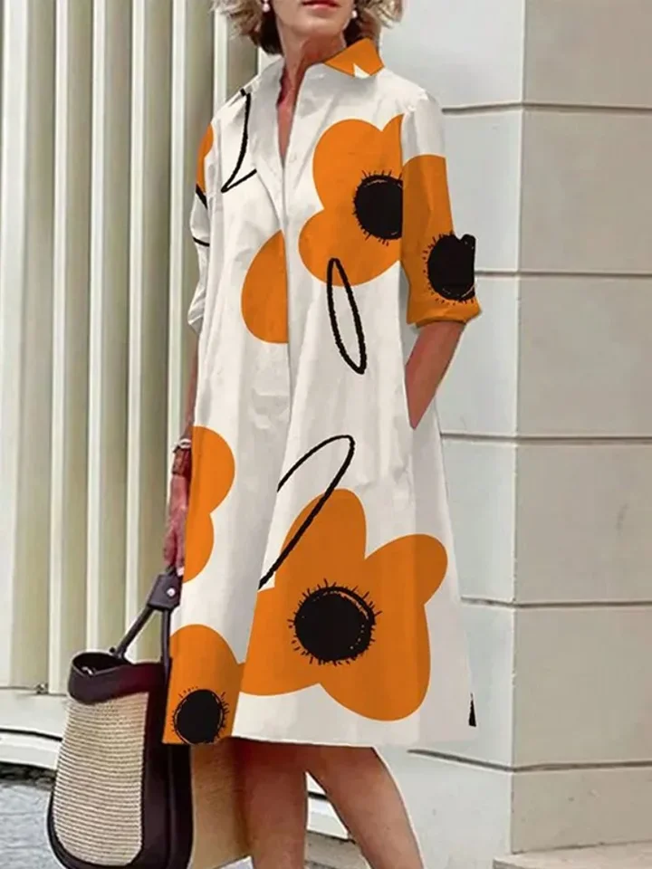 

Latest Spring Lapel Shirts Dress Long Sleeves H-line Flower Printed Elegant Evening Midi Dresses For Urban Women